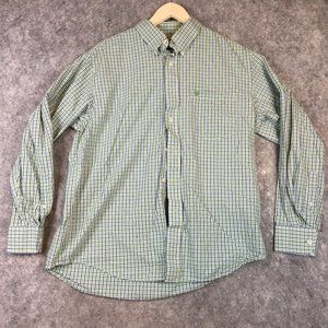 Izod Dress Shirt L Button Up Pocket Logo Green Blue Tattersall Plaid 100 Cotton